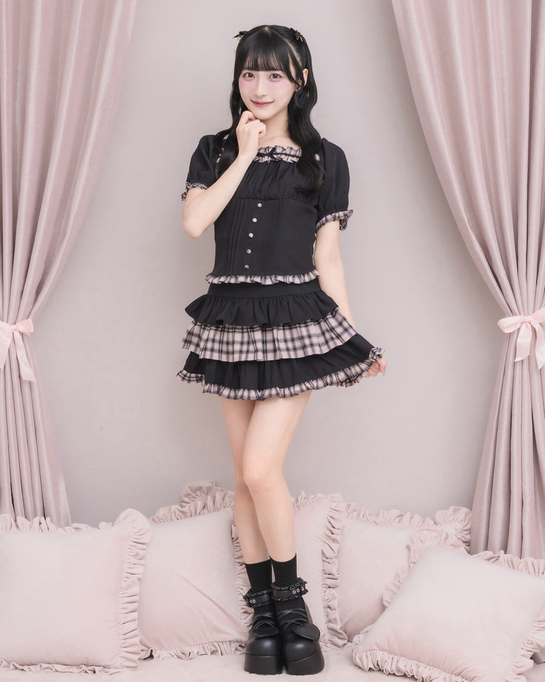 モデル身長：157cm/着用カラー：ピンクチェック