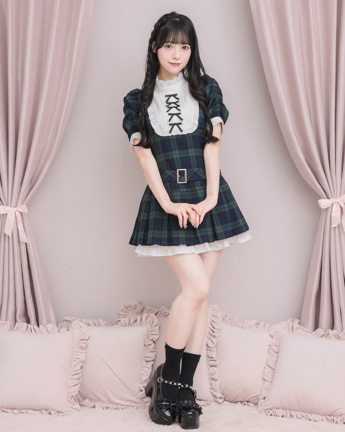モデル身長：155cm/着用カラー：グリーンチェック