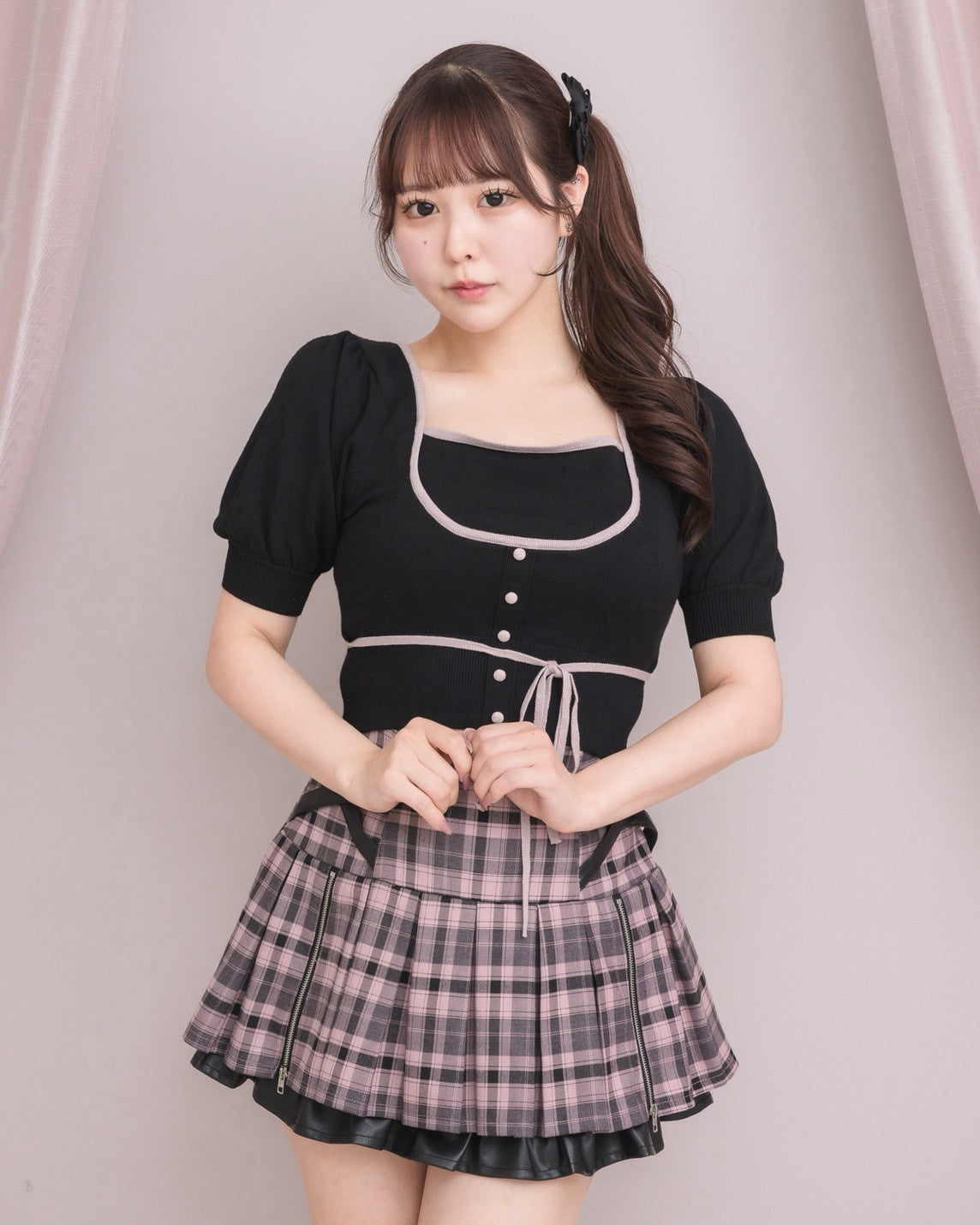 モデル身長：157cm/着用カラー：ピンクチェック