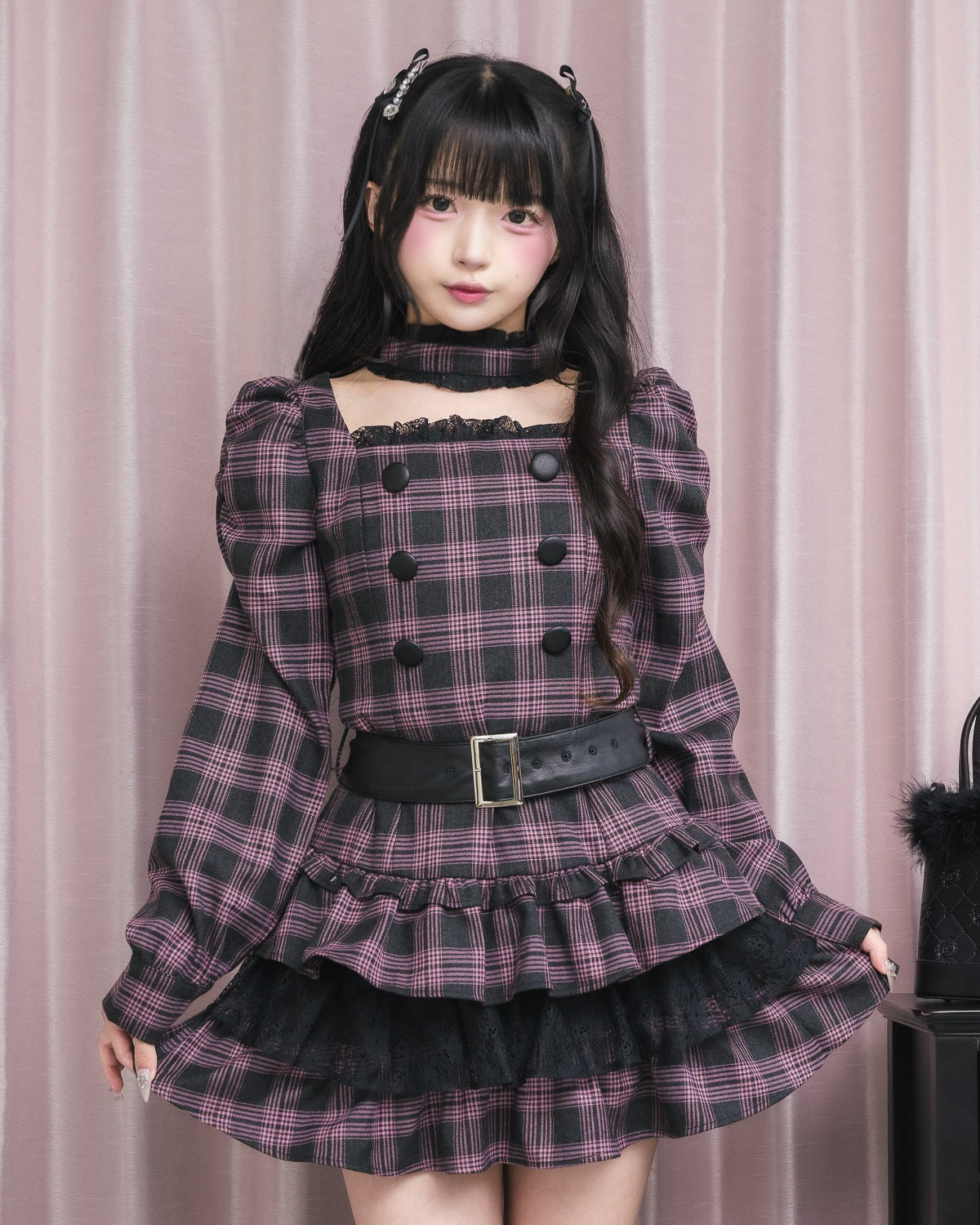 モデル身長：156cm/着用カラー:ピンクチェック