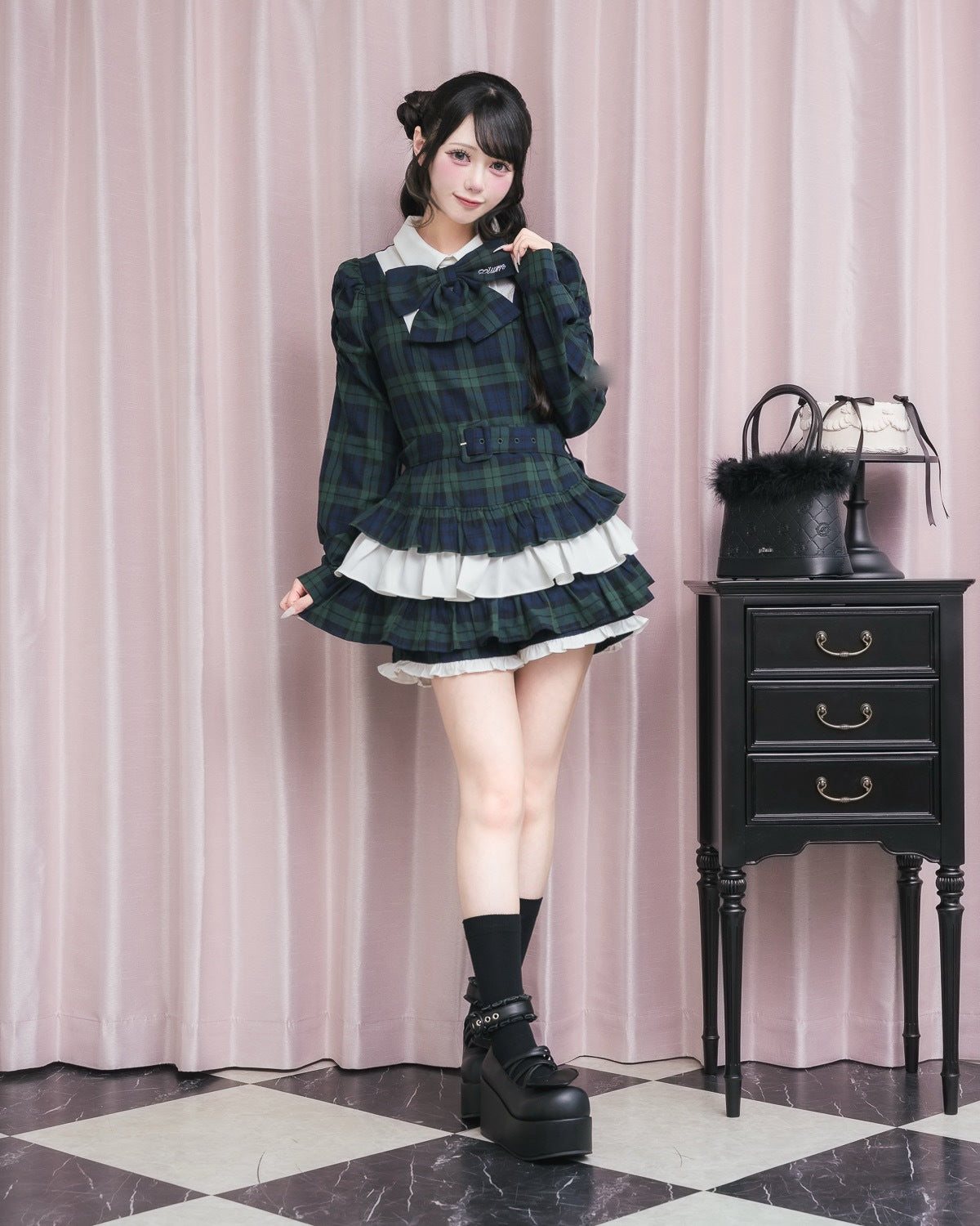 モデル身長：157cm/着用カラー：グリーンチェック