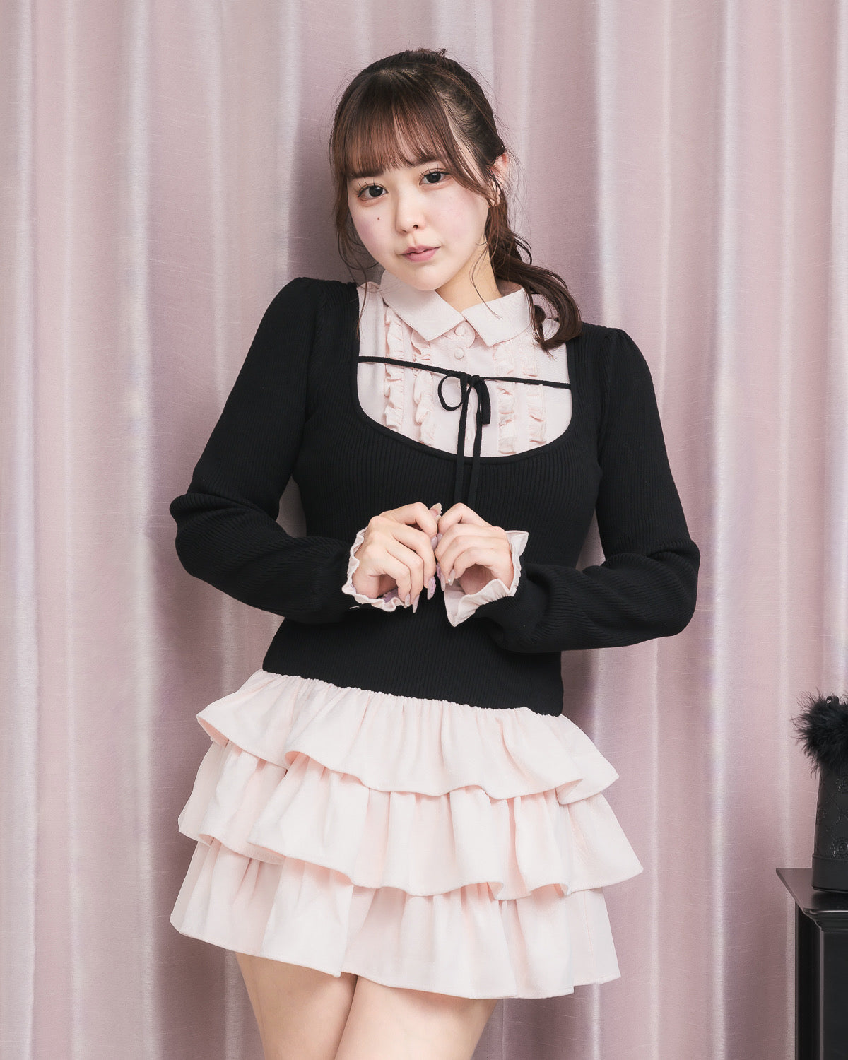 レイヤードティアードニット長袖ワンピース – pium