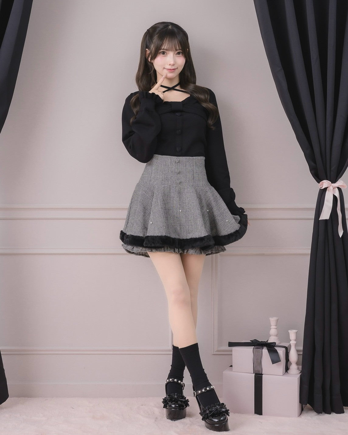 モデル身長：154cm/着用カラー：ブラックチェック