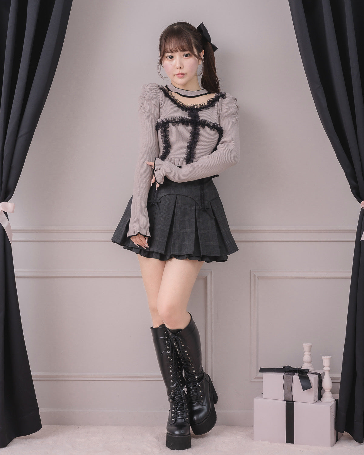 モデル身長：157cm/着用カラー：ブラックチェック