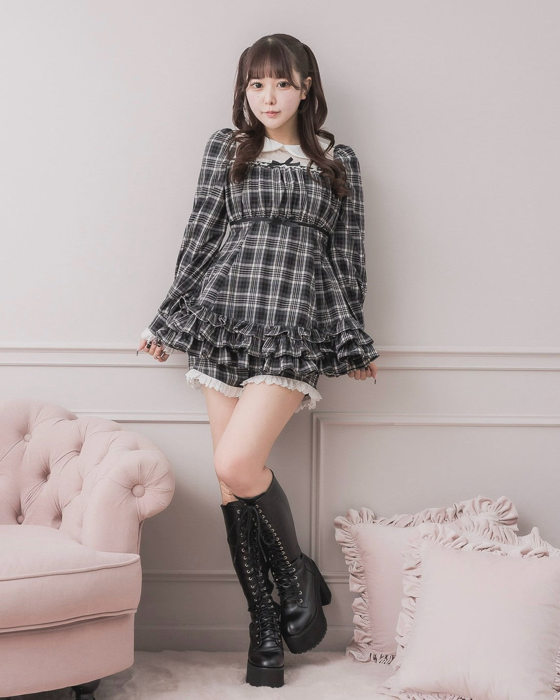 モデル身長：157cm/着用カラー:ブラックチェック