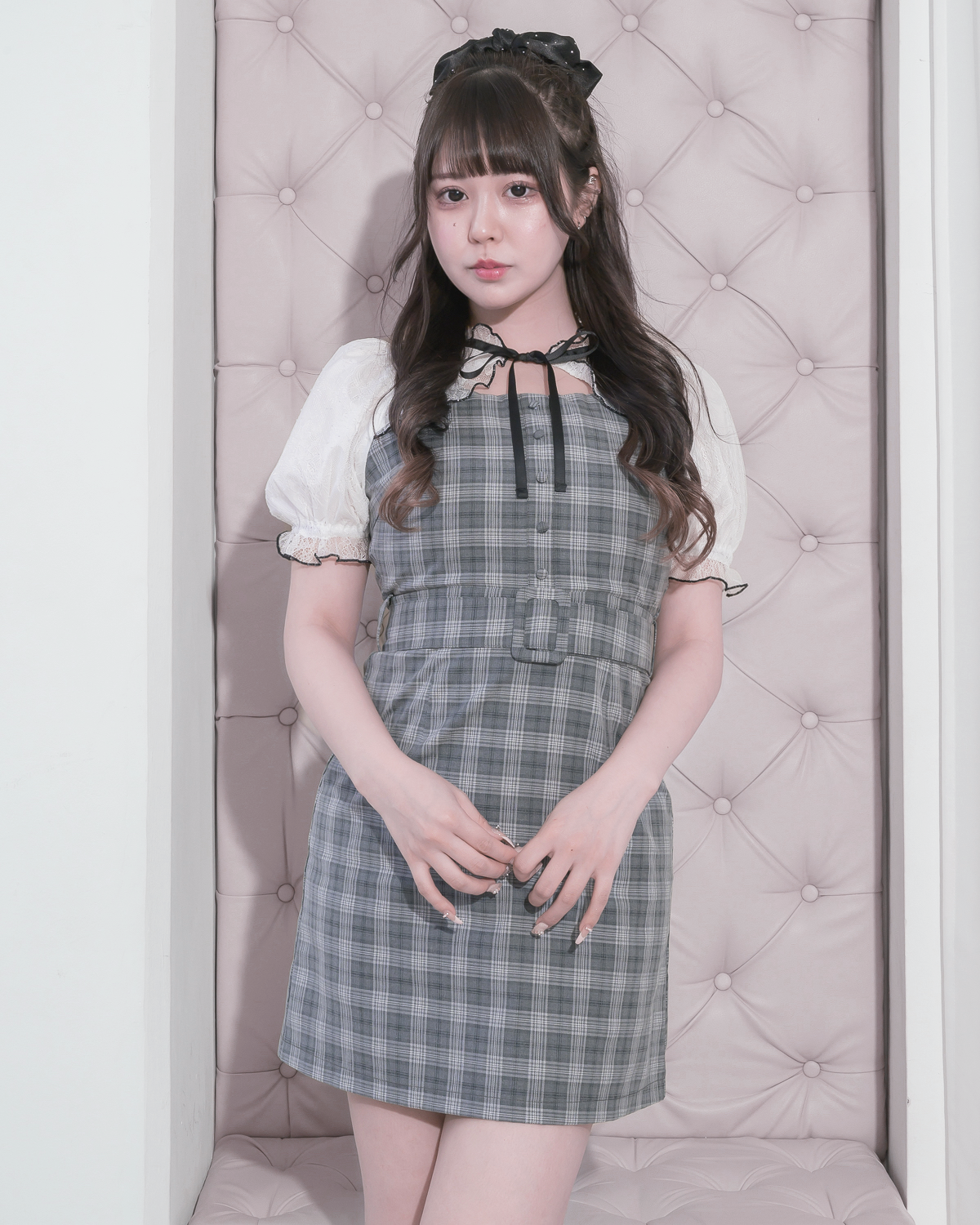pium レースケープベルトミニワンピース ブラックチェック レースケープベルトミニワンピース – pium