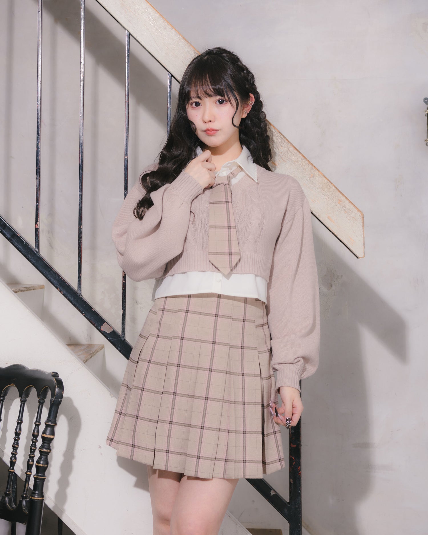 ハートケーブルシャツレイヤードニット