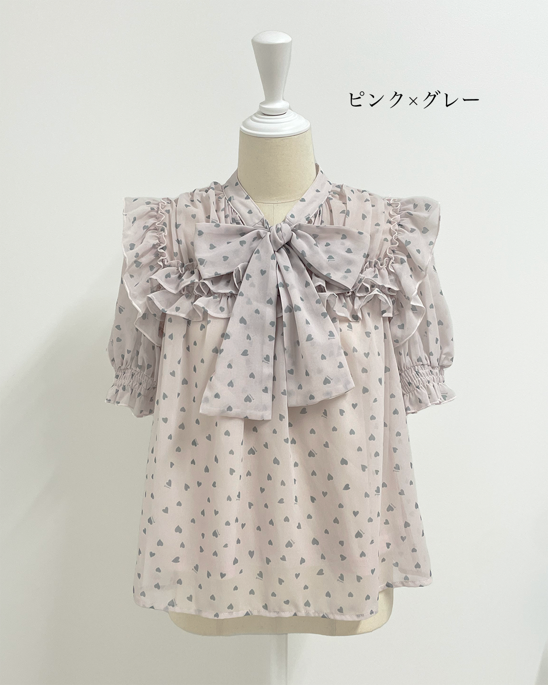piumハートボウタイフリル半袖ブラウス