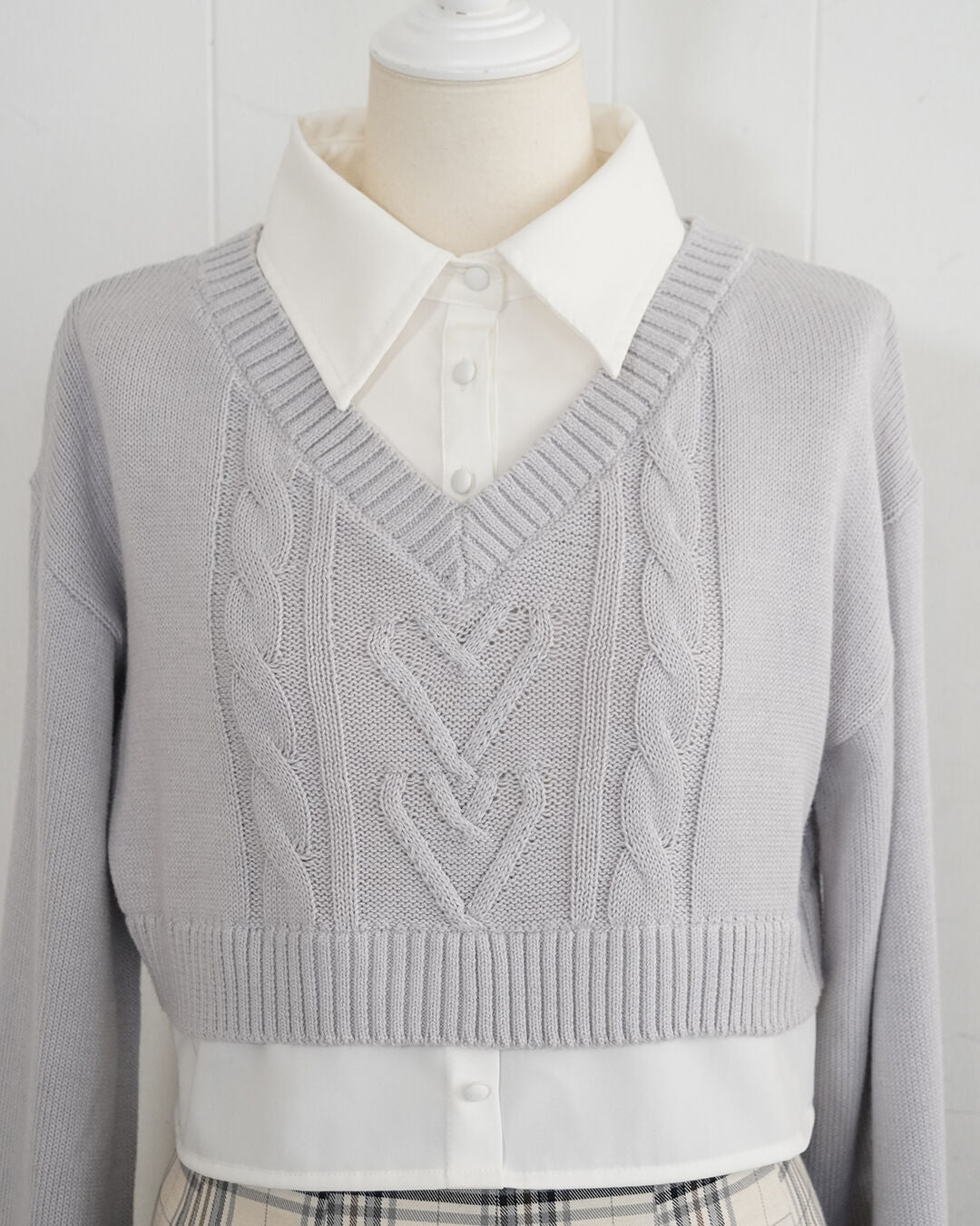 ハートケーブルシャツレイヤードニット