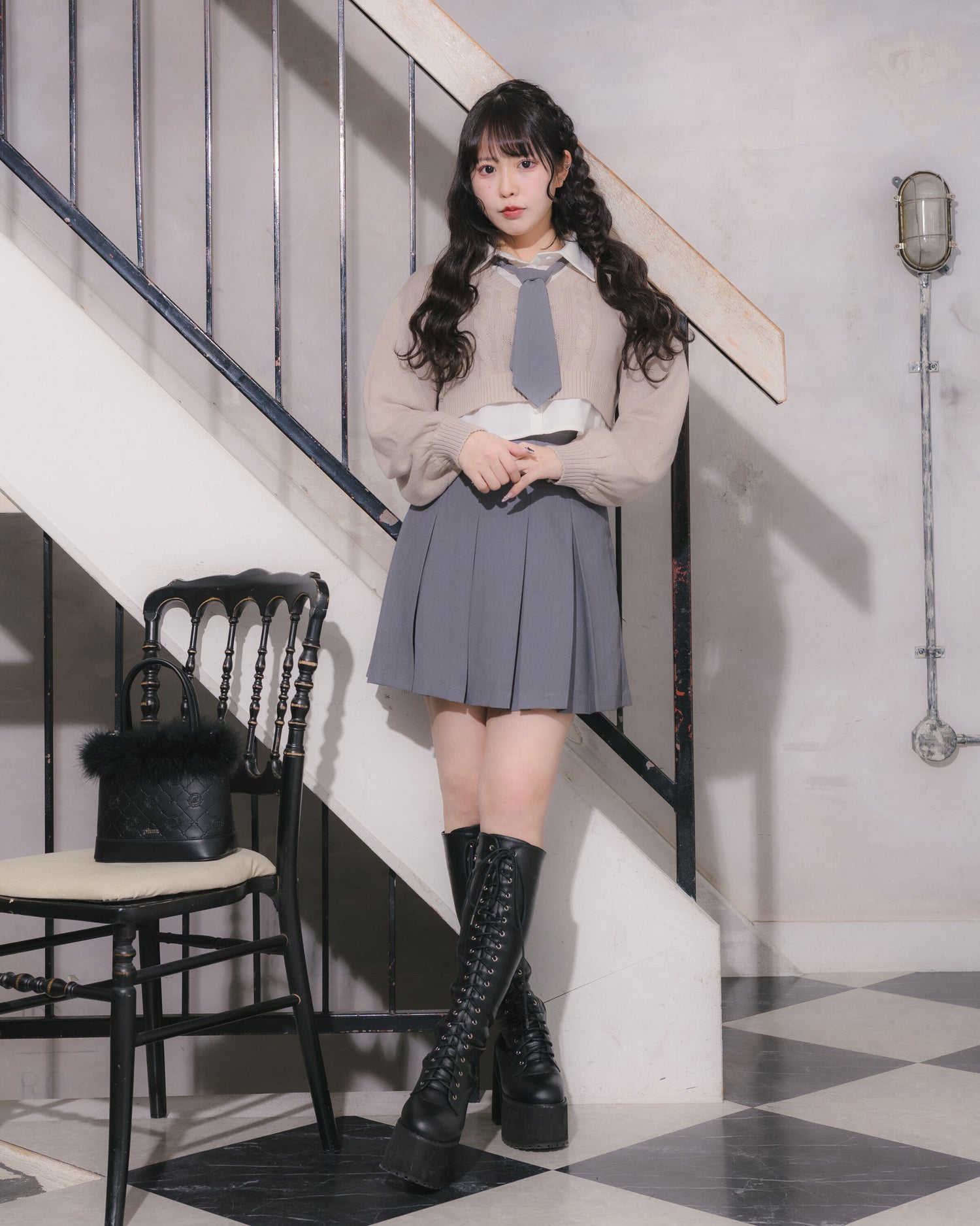 ハートケーブルシャツレイヤードニット