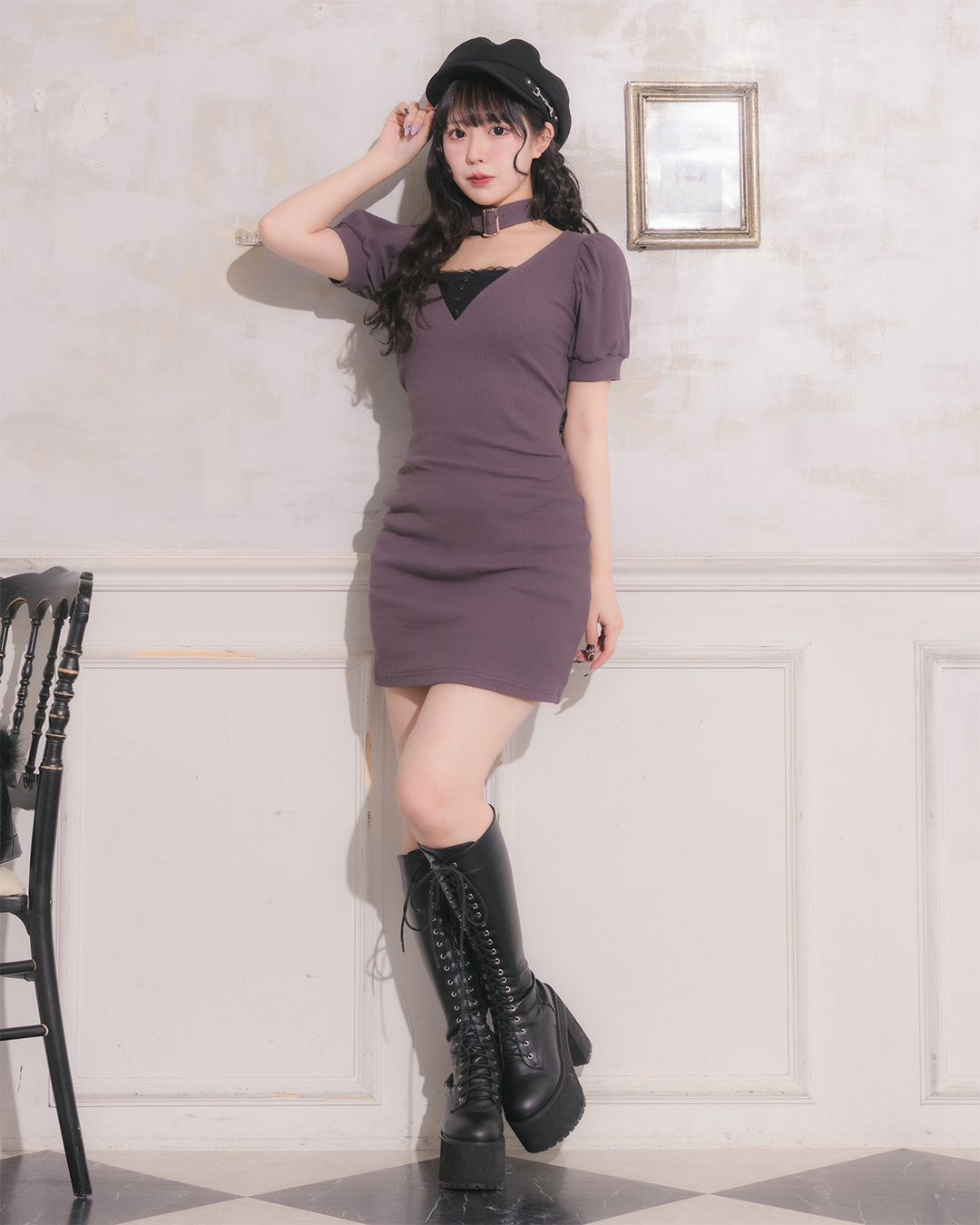 バックリボンチョーカーカットワンピース