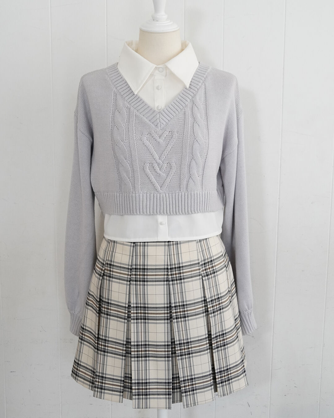 ハートケーブルシャツレイヤードニット