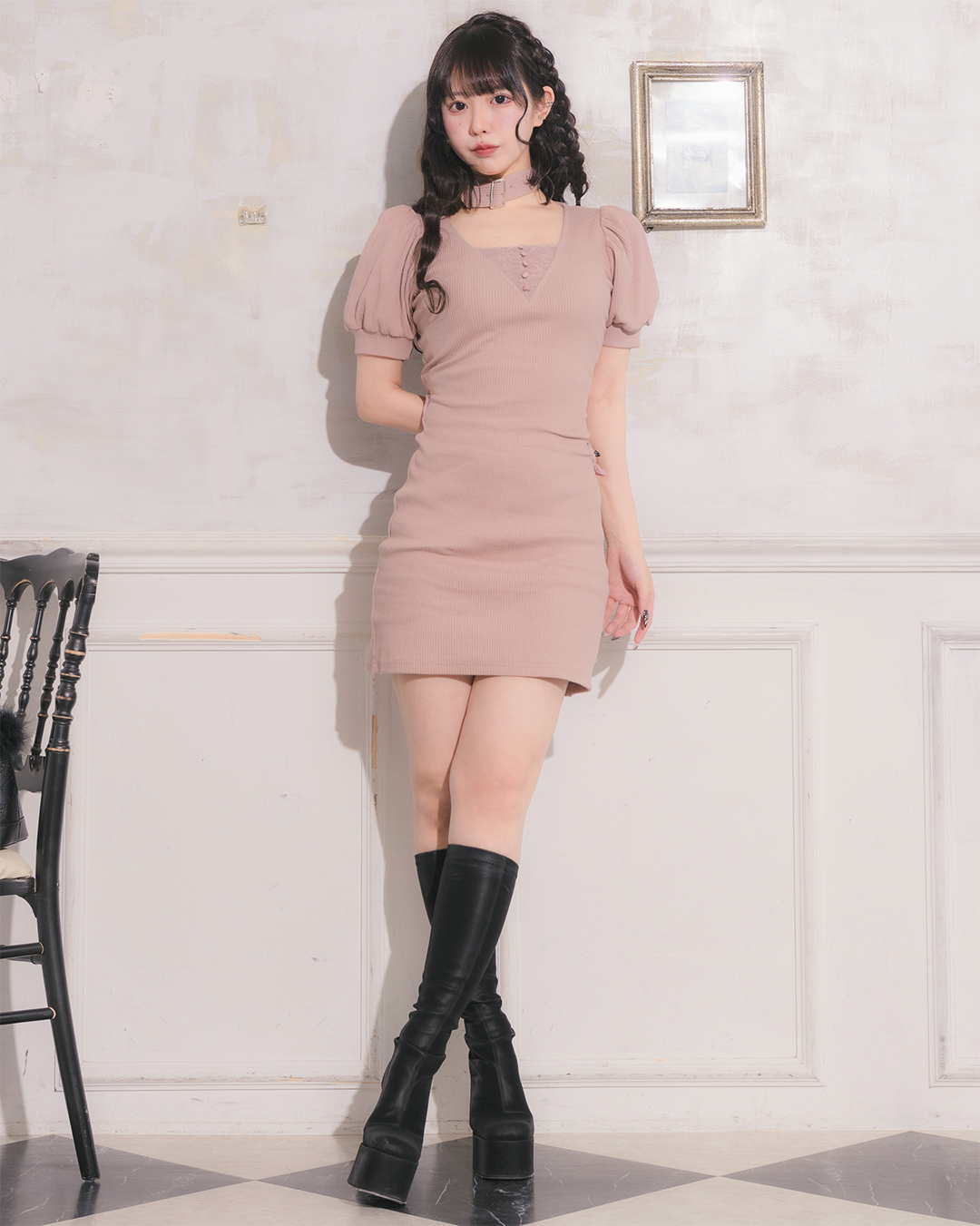 バックリボンチョーカーカットワンピース