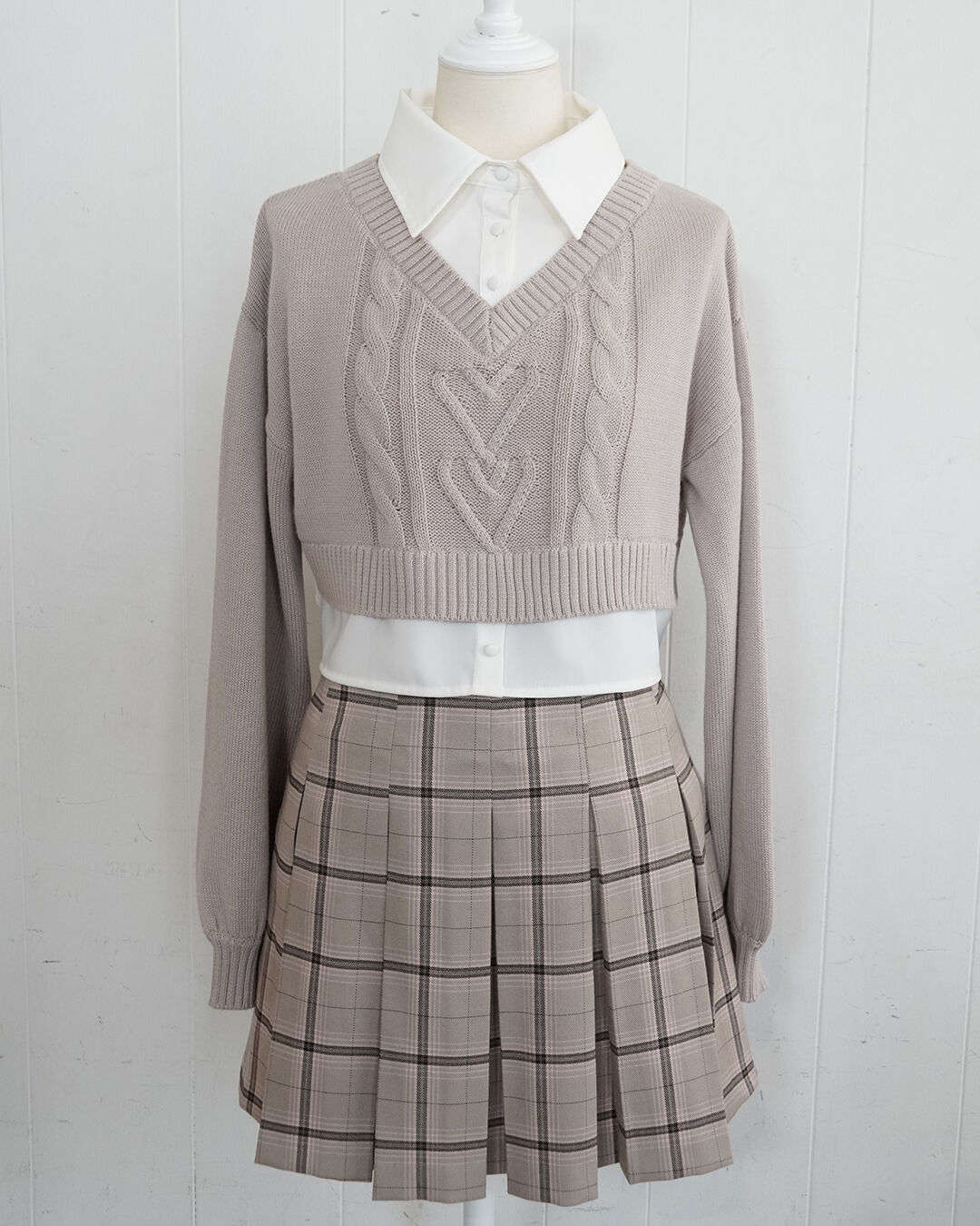 ハートケーブルシャツレイヤードニット