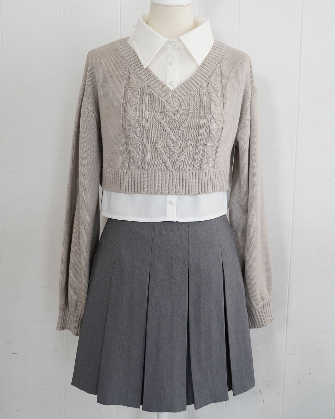 ハートケーブルシャツレイヤードニット