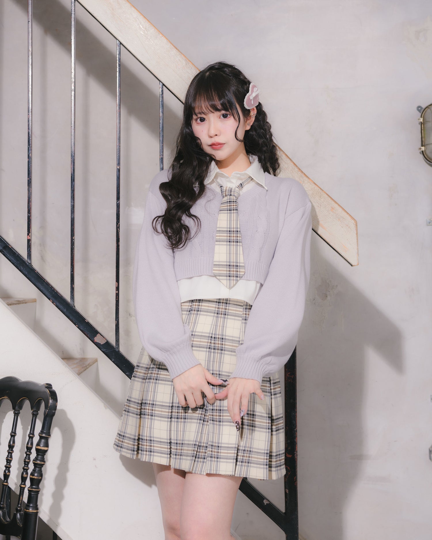 ハートケーブルシャツレイヤードニット