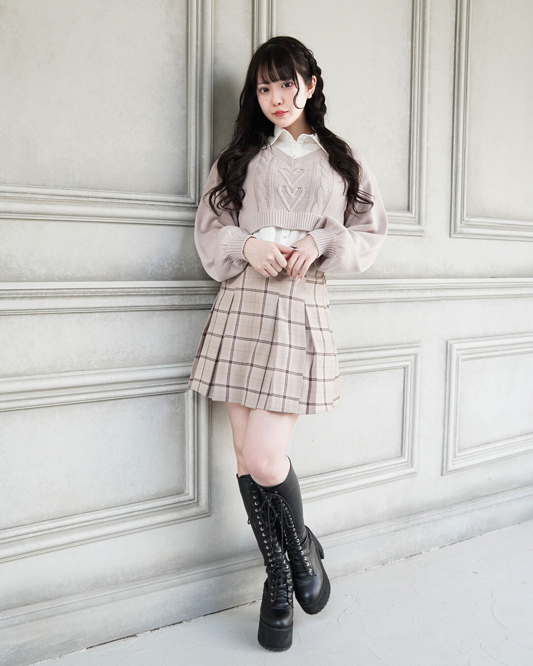 ハートケーブルシャツレイヤードニット