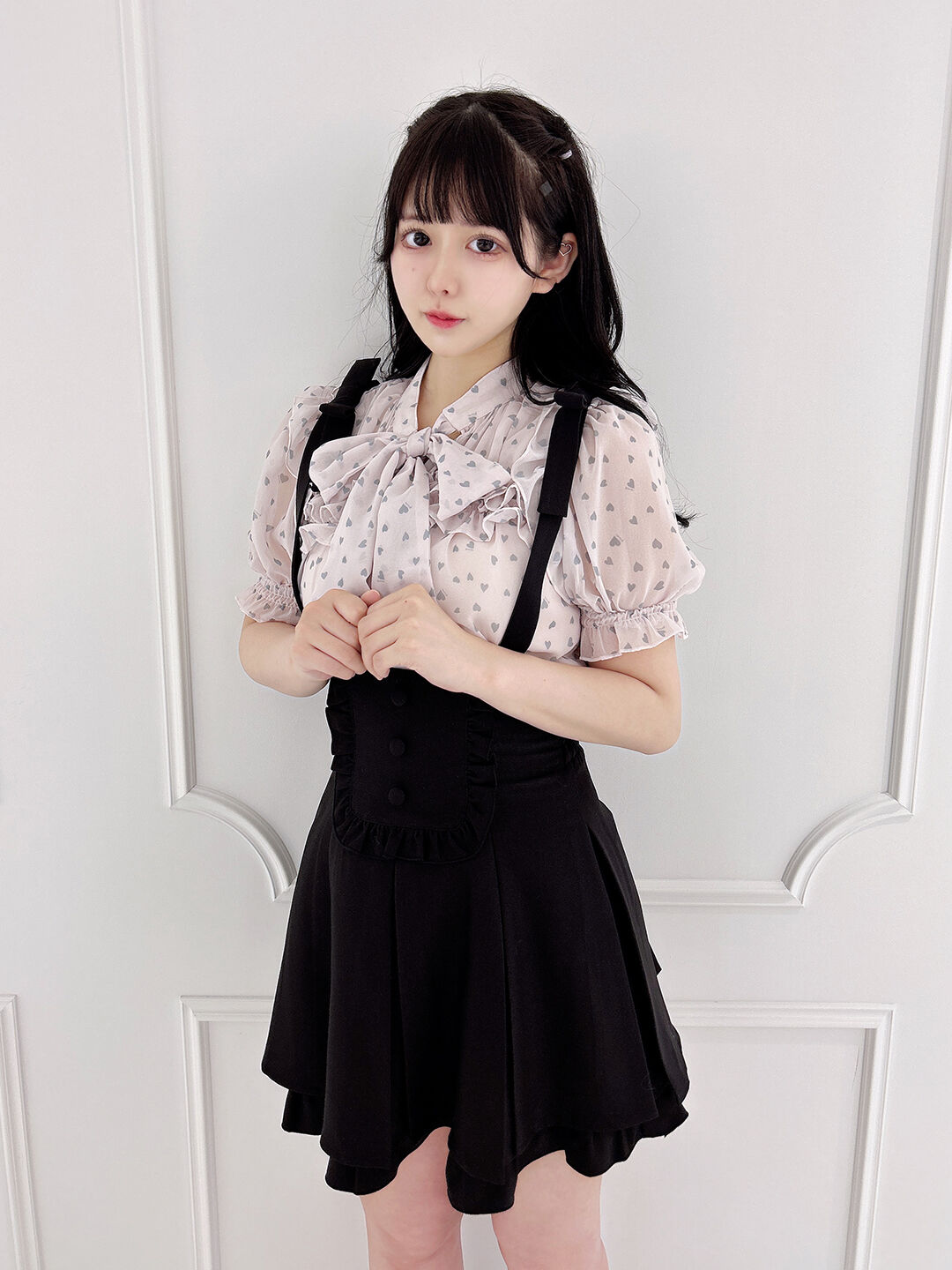 piumハートボウタイフリル半袖ブラウス