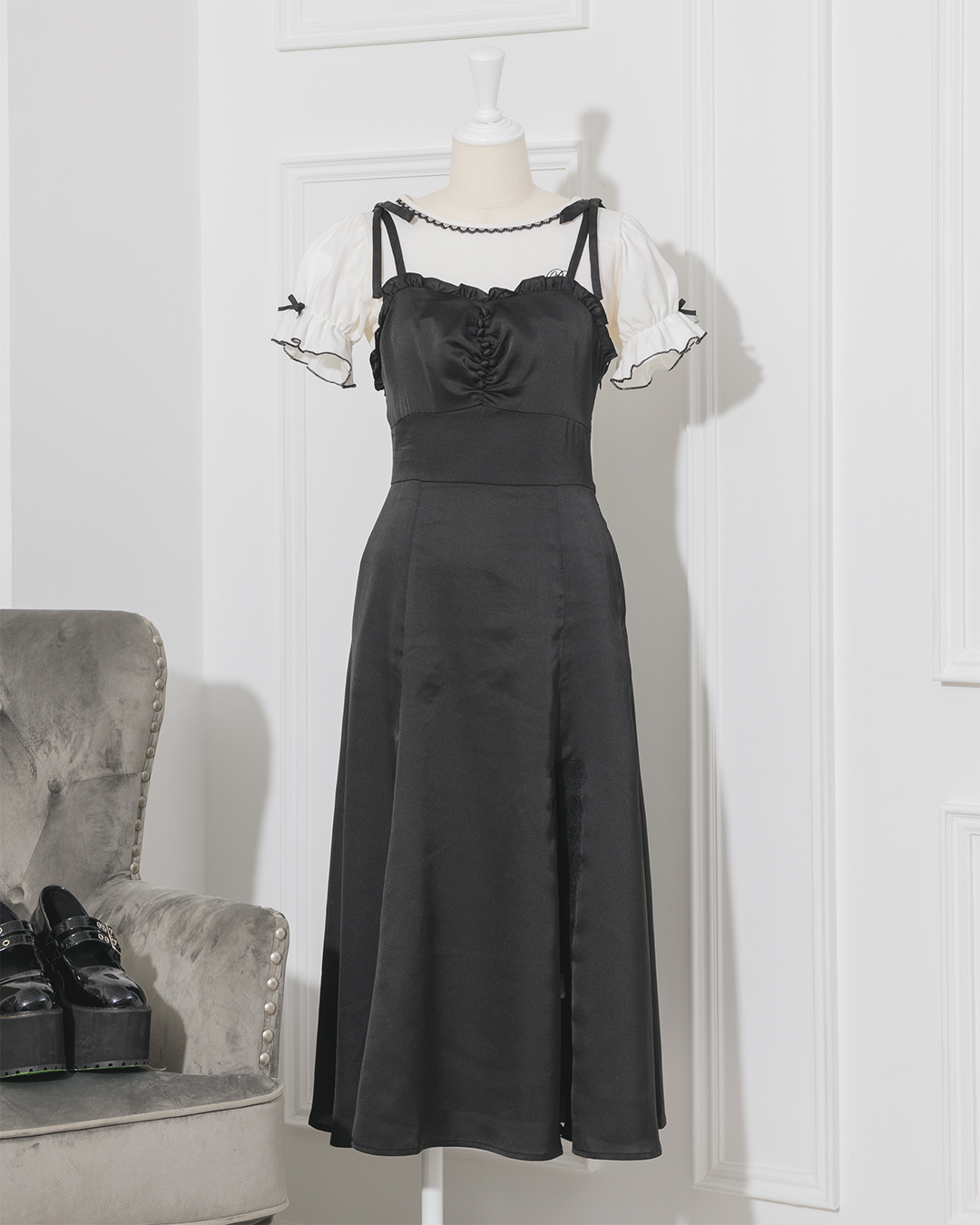 レーススリットサテンキャミワンピ