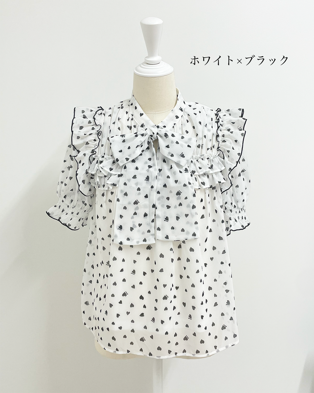 piumハートボウタイフリル半袖ブラウス
